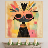 Colorful Abstract Tribal Character Art in Mid-Century Modern Style with Bold Feathers and Whimsical Expression for Living Room or Office Display on Ready to Hang 1.5" Thick Canvas Wrap, Floating Framed Canvas, Flat Rolled Canvas